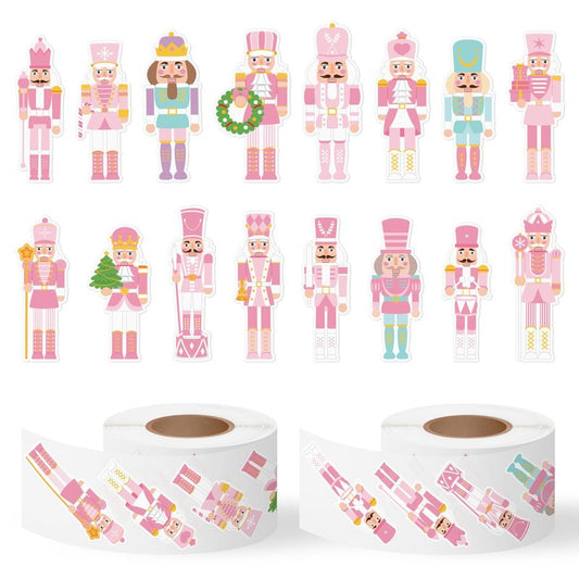 CNhoqc Christmas Nutcracker Sticker Roll - 1000 Pcs Pink Nutcracher Self-Adhesive Stickers, Water Bottles Book Luggage Decors for Kids Students Teens Adults, School Rewards Festival Gifts Party Favor