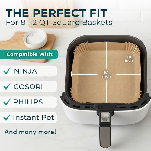 Cathy Yoder's Square Air Fryer Liners, 125 PCS 9 inch Large Air Fryer Liners, 8-12 QT Easy Cleanup Square AirFryer Liners Disposable, AirFryer Liner Parchment Paper for Cooking & Baking