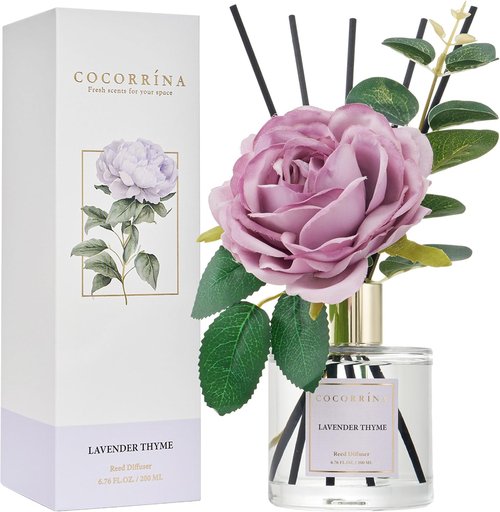 Cocorrína Flower Reed Diffuser - Lavender Thyme 6.7oz Scented Home Fragrance with Sticks for Elegant Decor
