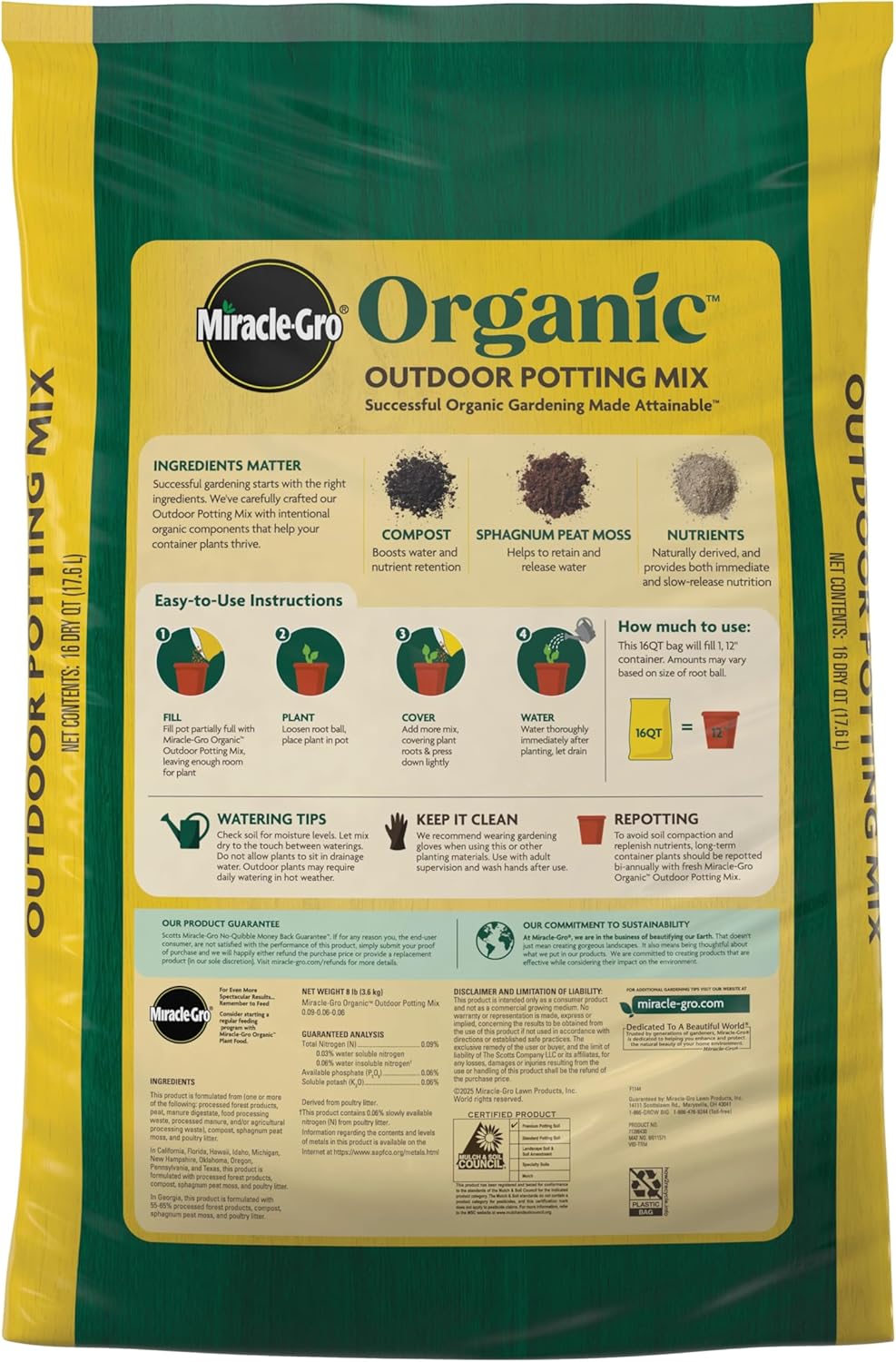 Miracle-Gro Organic Outdoor Potting Mix - Premium Soil for Container Plants | Quick-Release Fertilizer, 16 qt.