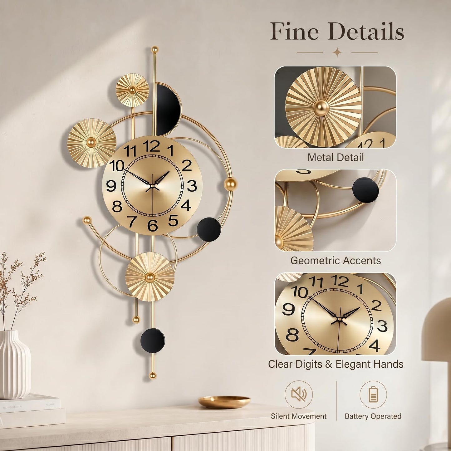 Axioglo Large Wall Clock,Modern Silent Non-Ticking Metal Wall Clocks,Battery Operated Wall Clock for Living Room, Kitchen, Bedroom, or Office Wall Decor (32")