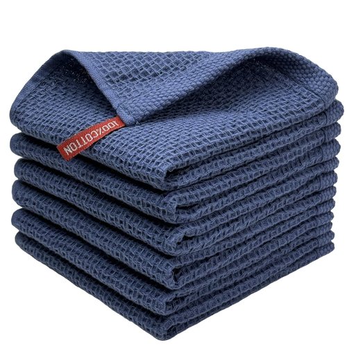 FreeNook 100% Cotton Waffle Weave Kitchen Towels, 6 Pack Dish Cloths for Washing Dishes, Ultra Soft Absorbent Dish Towels, Quick Drying Kitchen Rags, 12x12 Inches, Dark Blue