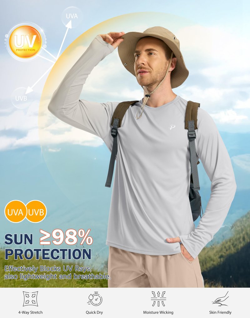 Pudolla Mens Long Sleeve Swim Shirts Rash Guard UV Sun Protection SPF T-Shirts UPF 50+ Quick Dry Fishing(Light Grey M)