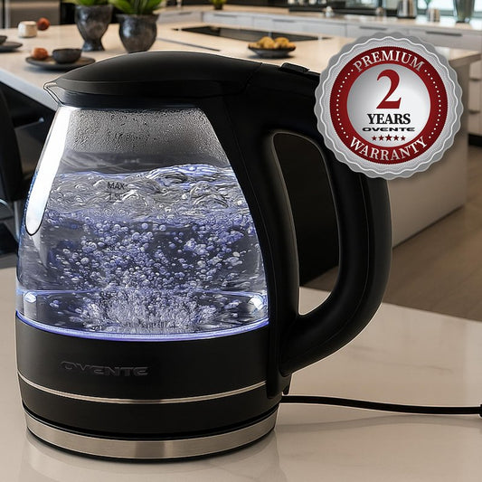 OVENTE Electric Kettle, 1.5L Borosilicate Glass Countertop Water Heater and Boiler for Coffee or Tea, BPA-Free, Auto Shut-Off, Boil-Dry Protection, Removable and Washable Spout Filter, Black KG83B