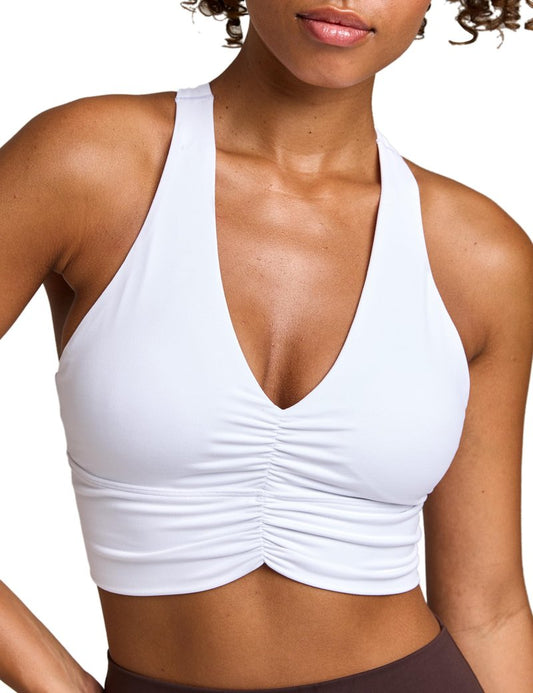 Awwena Women's Serene Scrunch Longline Sports Bra V Neck Padded Yoga Tank Wide Straps Cross Back Crop Tops White X-Large