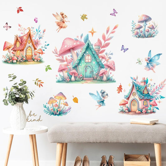 DTLIFEK Woodland Mushroom House Wall Decals Colorful Fairy Butterflies Wall Stickers Removable Vinyl Garden Plant Grass Flower Peel and Stick Wallpaper for Kids Baby Bedroom Nursery Home Decoration 91
