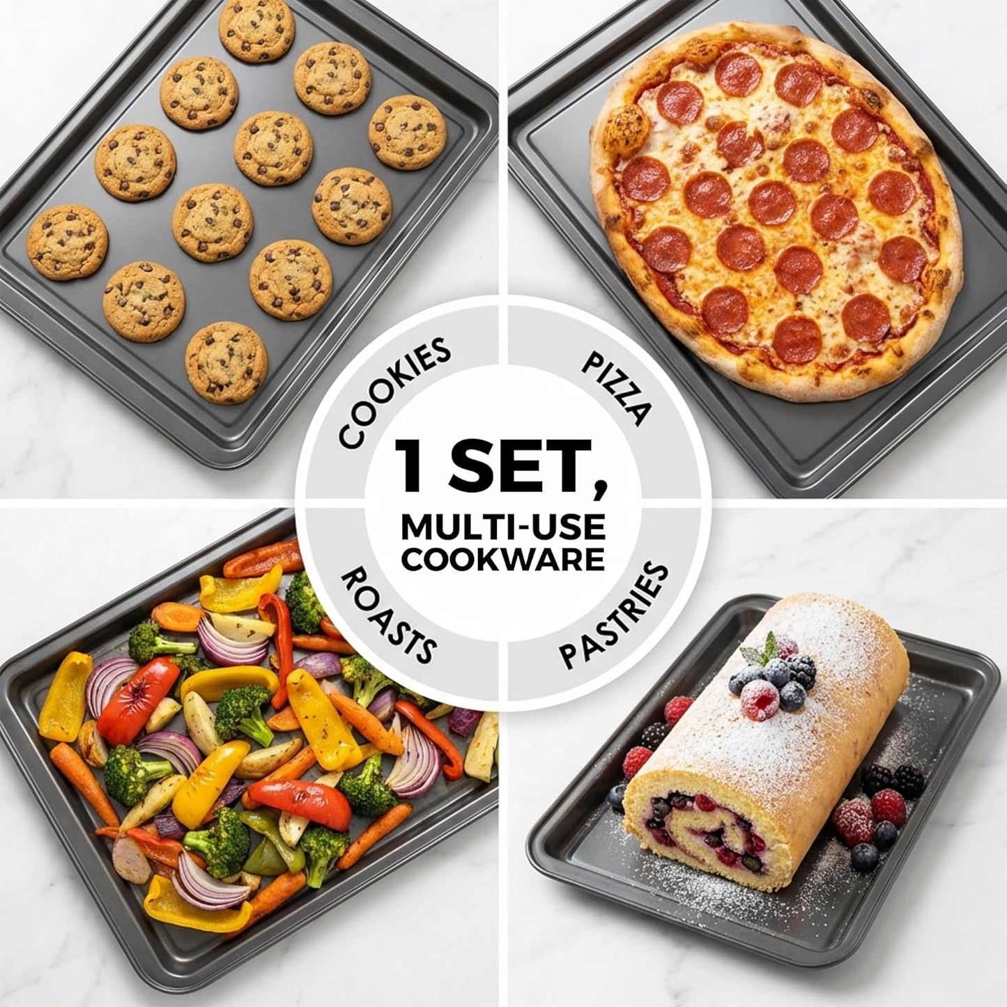PERLLI Non-Stick Baking Pan Set - 3-Piece Carbon Steel with Even Heat Distribution | Oven Safe to 446°F, BPA-Free, Dishwasher Safe, Stackable - Gray