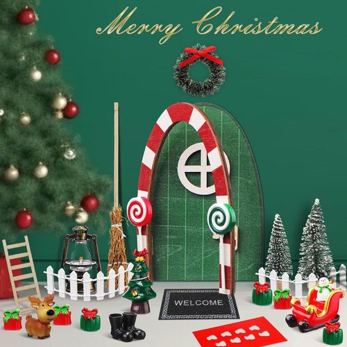 Gerrii Miniature Green Christmas Elf Fairy Doors - 25 Pcs Enchanted Decor Kit for Dollhouses & Rooms