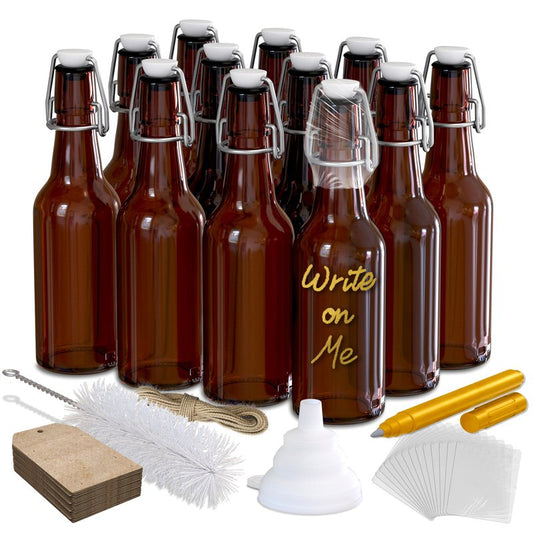 Nevlers 8.5 Oz Amber Swing Top Glass Bottles with Airtight Lid | Small Beer Bottle 12 Pack | Flip Top Glass Bottle Set with Funnel, Brush, Marker, Tags & Shrink Wrap | Homemade Vanilla Extract Bottles