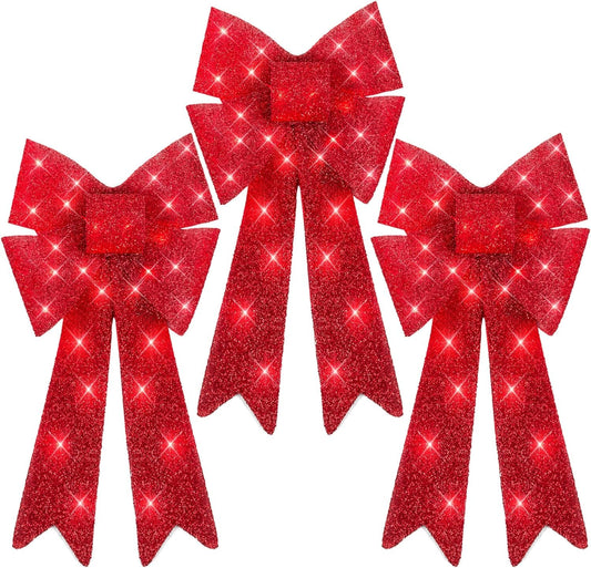 Pre-Lit Large XL Christmas Bow Decoration, Large Outdoor LED Holiday Yard Décor w/ 30 Lights, 8 Light Functions, Timer, Hanging Hook (Red)