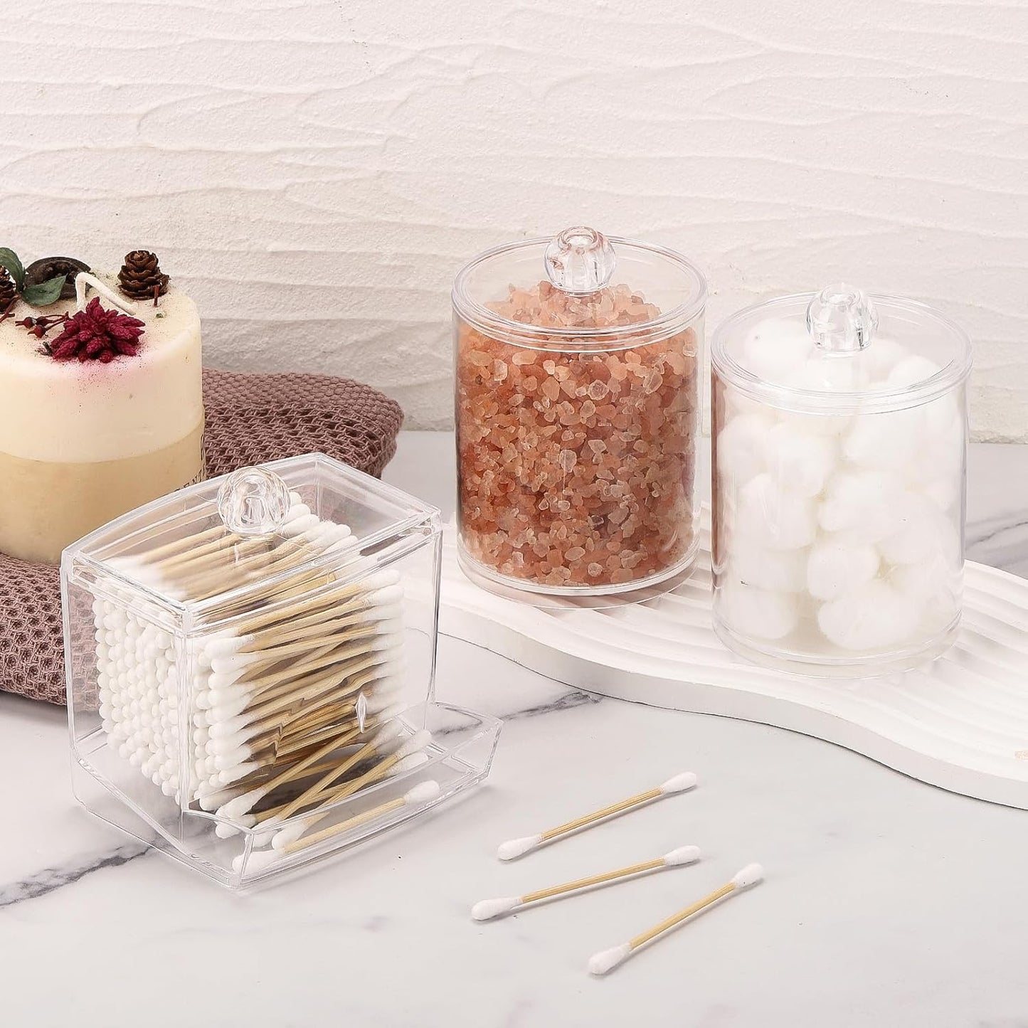 Tbestmax Qtips Dispenser - Clear Plastic Apothecary Jar Organizer for Cotton Swabs & Balls | 10 oz