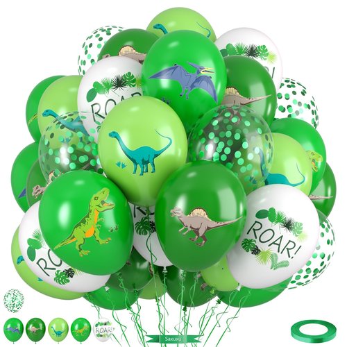 Dinosaur Balloons, 12 Inch Fruit Lime Dark Green White Confetti Balloons with Dinosaur Printed Pattern for Boys Jungle Theme Birthday Party Safari Woodland Baby Shower Decorations