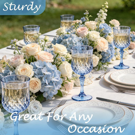 LEYIQU Plastic Wine Glasses, Plastic Goblets Vintage Style Cordial Unbreakable Drinking Glasses， Reusable Drinkware for Wedding Reception, Grand Event Party Supplies(24, Blue)