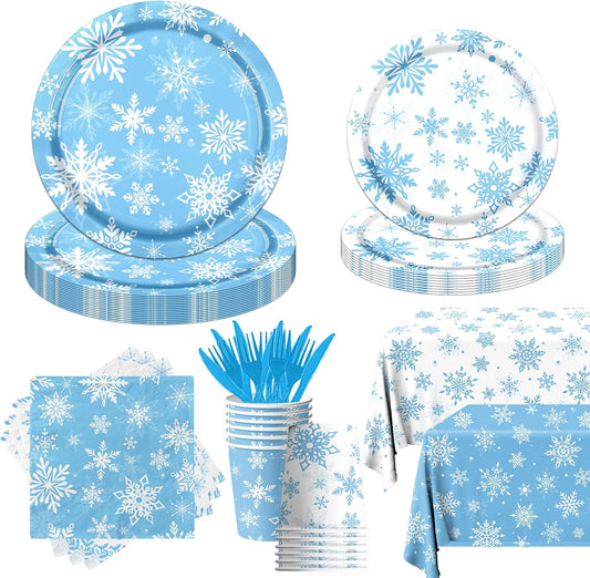 Regine Switzerland 142-Piece Winter Snowflake Party Set - Blue & White Tableware for Christmas & New Year Celebrations