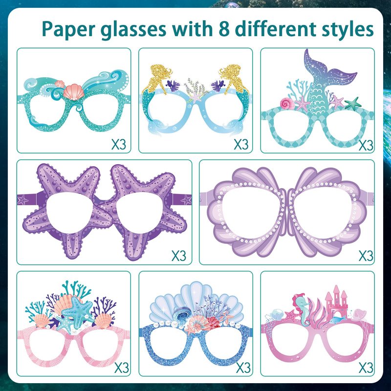 Tenare 24 Pieces Mermaid Party Decorations Paper Mermaid Themed Paper Eyeglasses Under The Sea Summer Beach Photo Booth Props Birthday Party Baby Shower Supplies