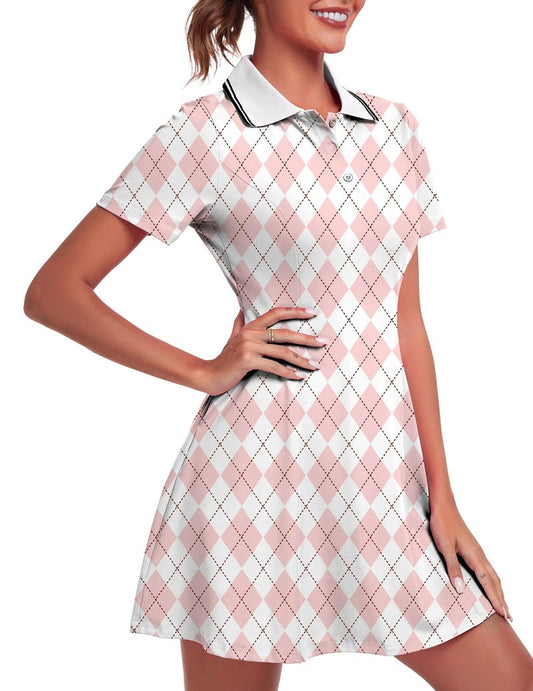 FKEEP Women's Golf Dress Tennis Dresses Workout Athletic Dress with Shorts/Short Sleeve/Pocket (Pink Checkered, S)