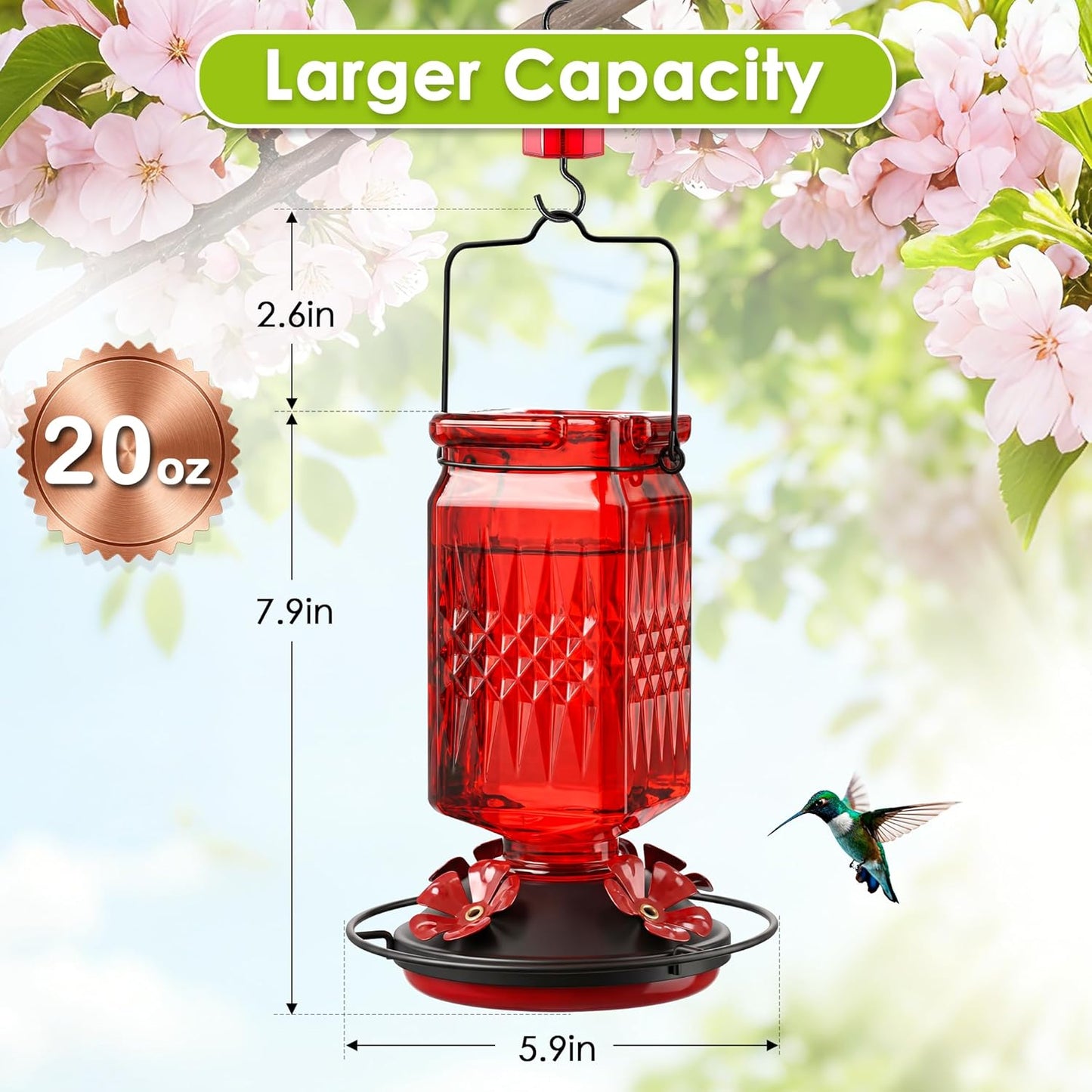 Skiennix 20oz Glass Hummingbird Feeder - Outdoor Hanging Design with Bee Guard & Ant Moat | Red (2 Pack)