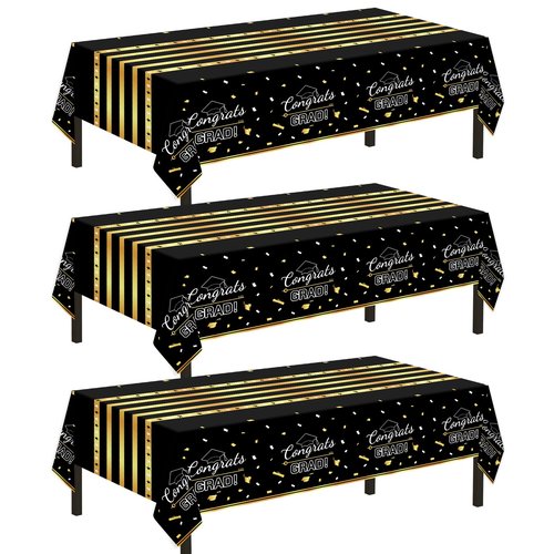Childom 3 Pack Graduation Tablecloth,Graduation Decorations Class of 2026 Graduation Party Decorations,54"x108" Black and Gold Plastic Table Cloth Disposable Rectangle for Home,School,Party Supplies