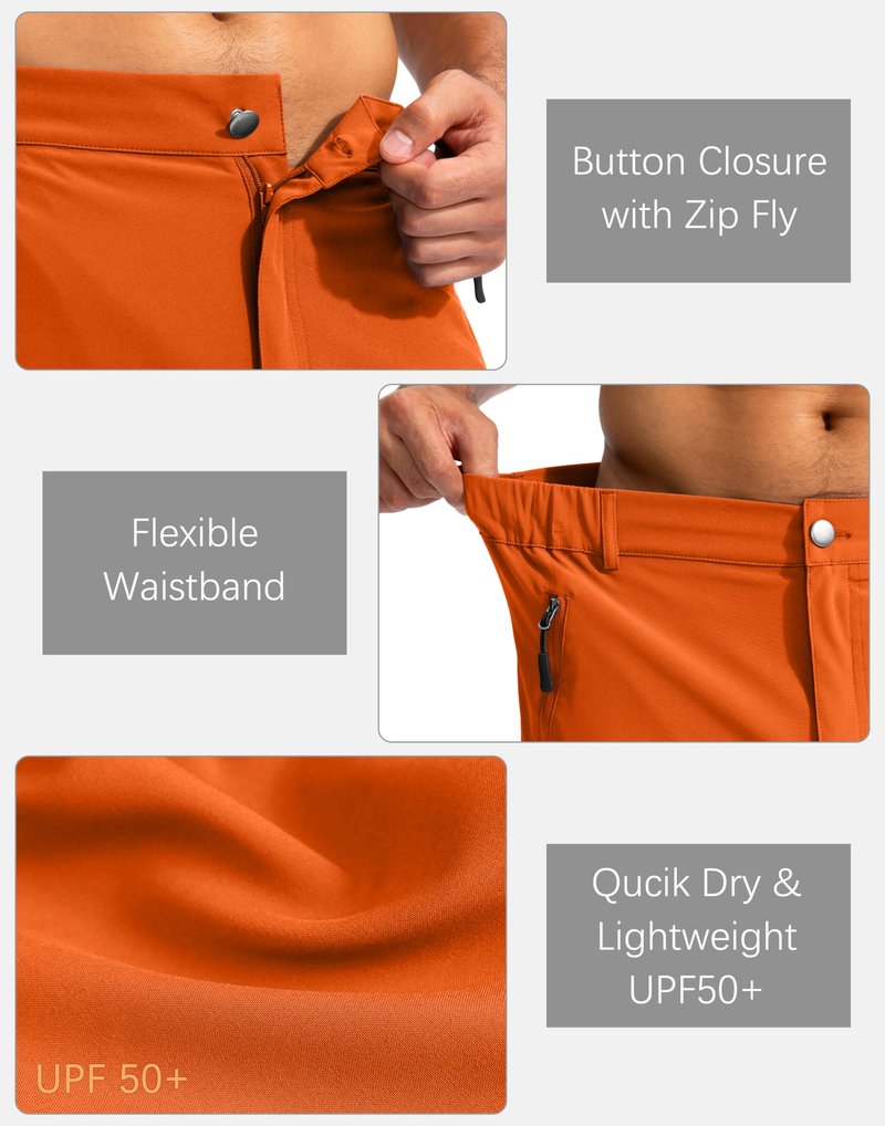 Pudolla Men's Hiking Cargo Shorts 9" Lightweight Outdoor Work Shorts for Men Travel Golf Camping Casual with 5 Zipper Pockets(Orange Large)