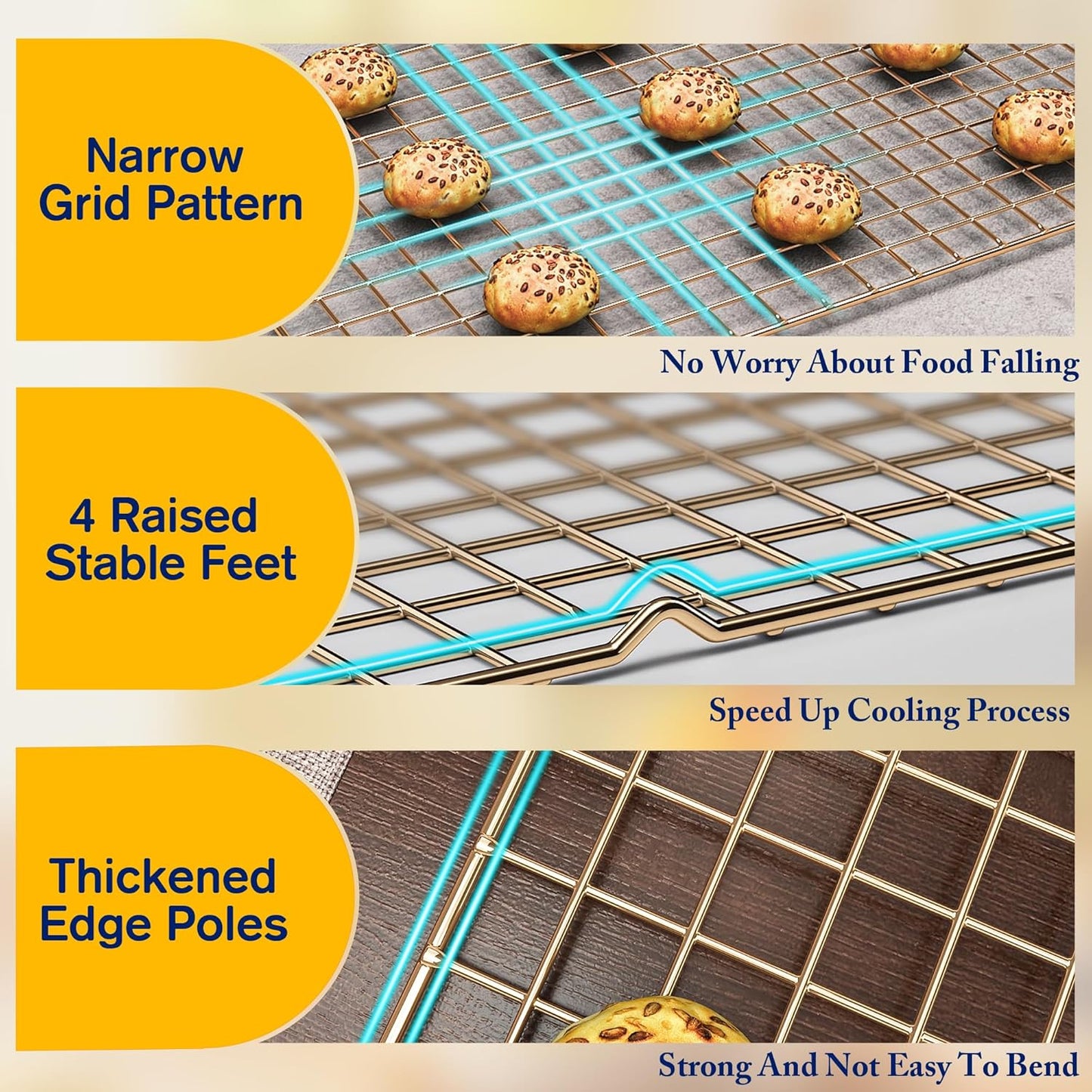 Skiennix Cooling Racks - Heavy Duty Stainless Steel Wire Rack for Baking & Grilling | 10" x 16" - Oven & Dishwasher Safe (Gold)