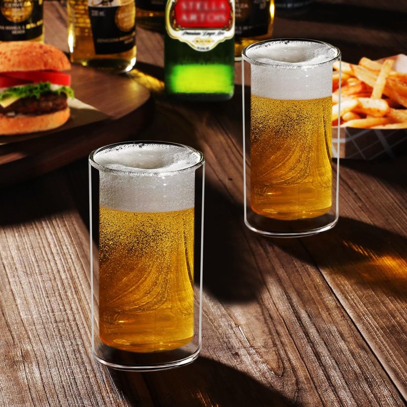 Sun's Tea 13oz Ultra Clear Strong Double Wall Thermal Insulated Highball Drinking Glasses for Beer, Coffee, Juice, Smoothie, Mojito, Soda, Milk and Mixed Beverages, Set of 2 (real glass, not-plastic)