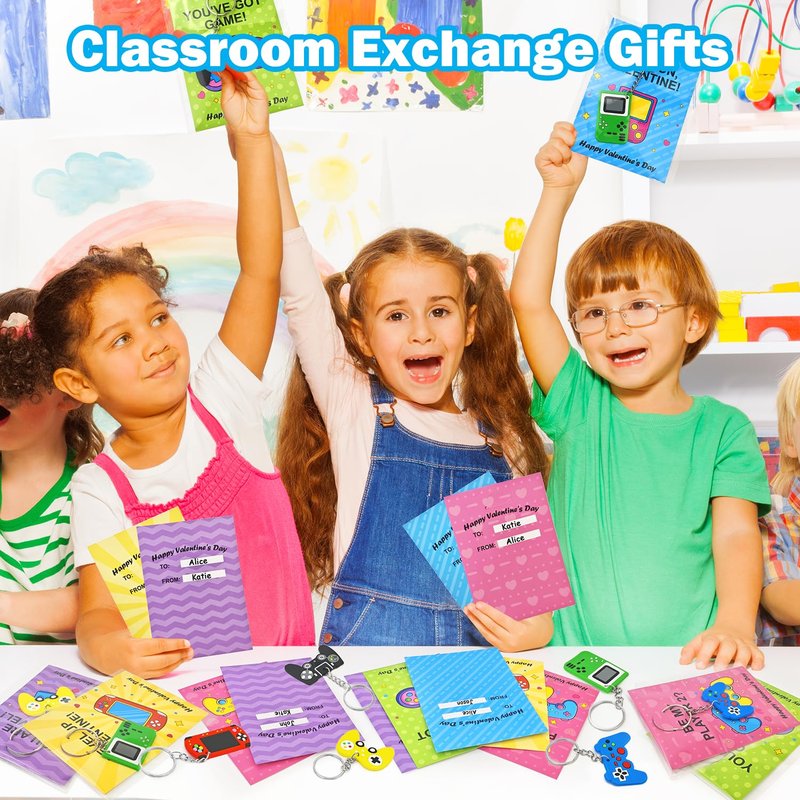 Bulk Valentines Non Candy Gifts Toys Party Favors for Kids School, 48 Pack Valentines Video Game Keychains Exchange Cards for Boys Girls, Goodie Bag Stuffers Fillers Games Activities for Students