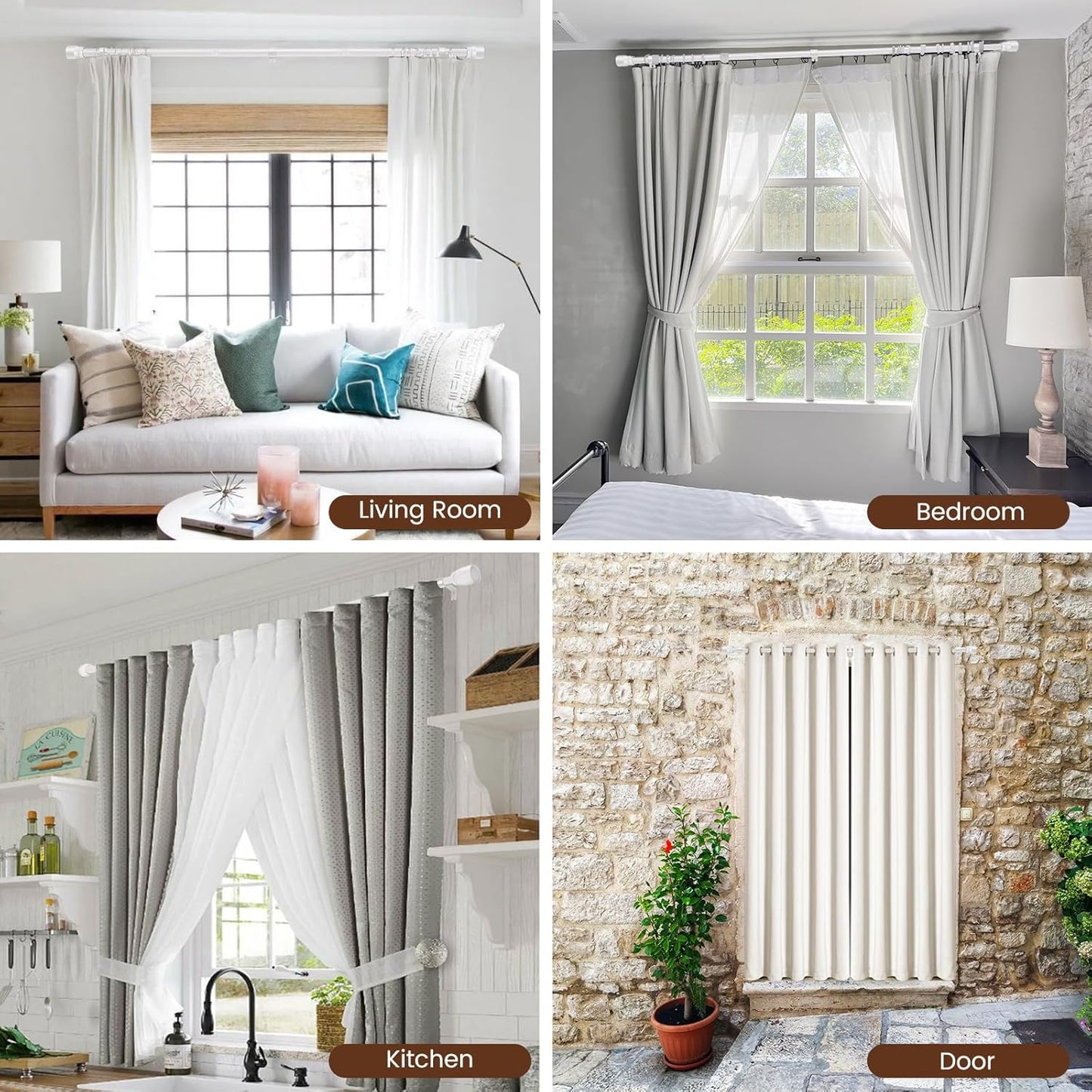 Skiennix Adjustable Curtain Rod - Heavy Duty 1” Diameter, 30 to 144 Inch, Matte White Finish