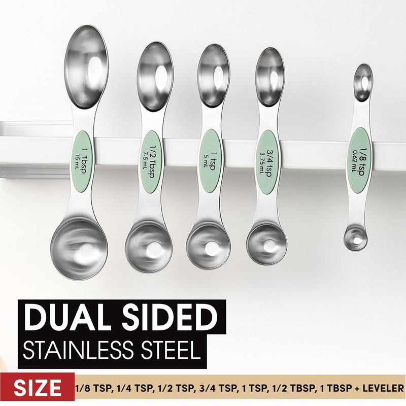 Spring Chef Stainless Steel Magnetic Measuring Spoons Set of 8 with Leveler, Dual Sided Teaspoon & Tablespoon Set, Nesting Metal Kitchen Gadgets for Baking & Cooking, Fits in Spice Jars - Pistachio