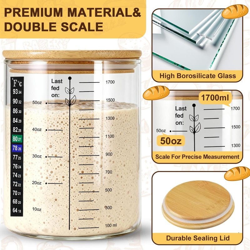 Sourdough Starter Jar, 50 oz Large Sourdough Jar with Time Keeper, Thermometer, Scraper, Wide Mouth Glass Sourdough Starter Kit for Beginners and Professional Bakers