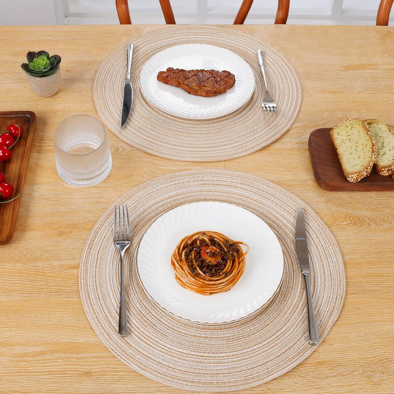 SHACOS Round Braided Placemats Set of 4 Round Table Mats for Dining Tables 15 inch Non Slip Washable Kitchen Table Place Mats Natural Farmhouse Decor (Beige, 4)