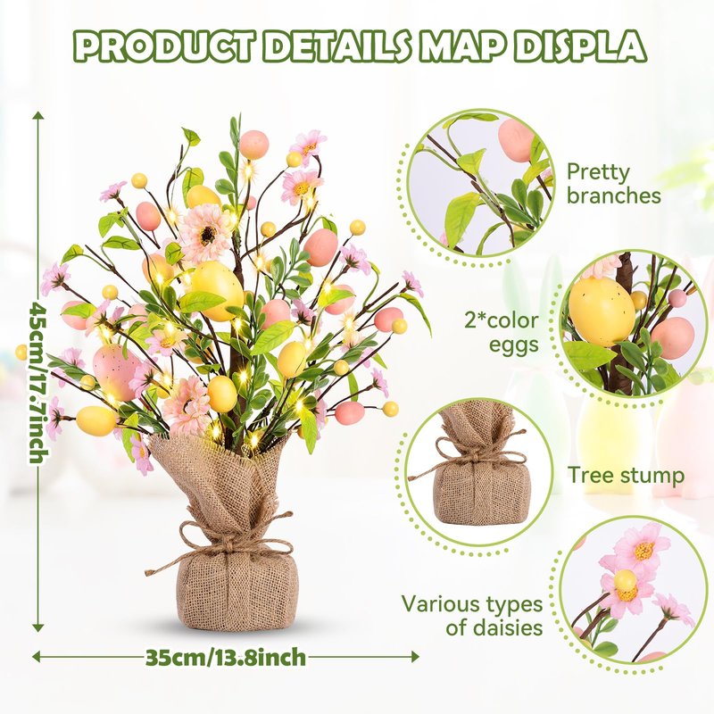 Easter Decorations, Pre-Lit Easter Egg Tree Tabletop Decor with Delicate Ornaments, for Home Easters Party Wedding Holiday Spring Summer Kitchen Dining Table Decor (Pink)