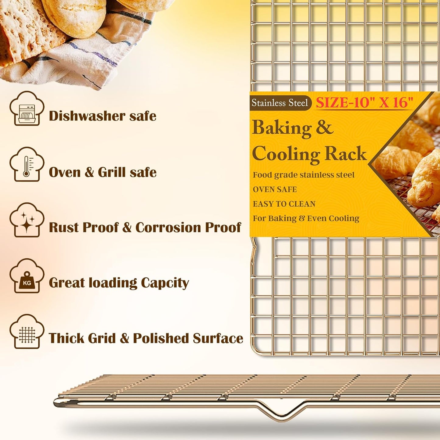 Skiennix Cooling Racks - Heavy Duty Stainless Steel Wire Rack for Baking & Grilling | 10" x 16" - Oven & Dishwasher Safe (Gold)