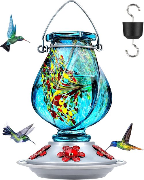 BOLITE Hummingbird Feeder - Hand Blown Glass with 5 Bee-Proof Ports & Ant Moat | 22oz Blue Outdoor Decor