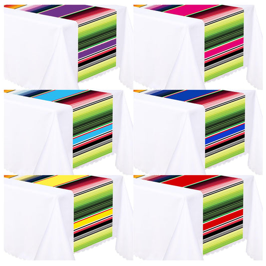 Preboun 6 Pcs Plastic Mexican Table Runner Dia De Los Muertos Serape Table Runner 14 x 108 Mexican Fiesta Colorful Striped Tablecover for Day of the Dead Cinco De Mayo Party Decor (Colorful)