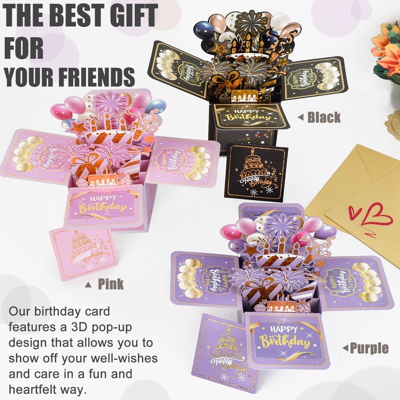 Surprise Pop Up Happy Birthday Cards, Lovely 3D Birthday Card for Adults and Kids with Envelopes, Unique Design Handmade Foldable Greeting Cards for Daughter, Son, Mom, Dad, Friend（Black）