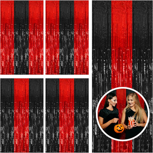 Skiennix 5-Pack Tinsel Curtains - Black & Red Foil Fringe Backdrop for Parties & Events