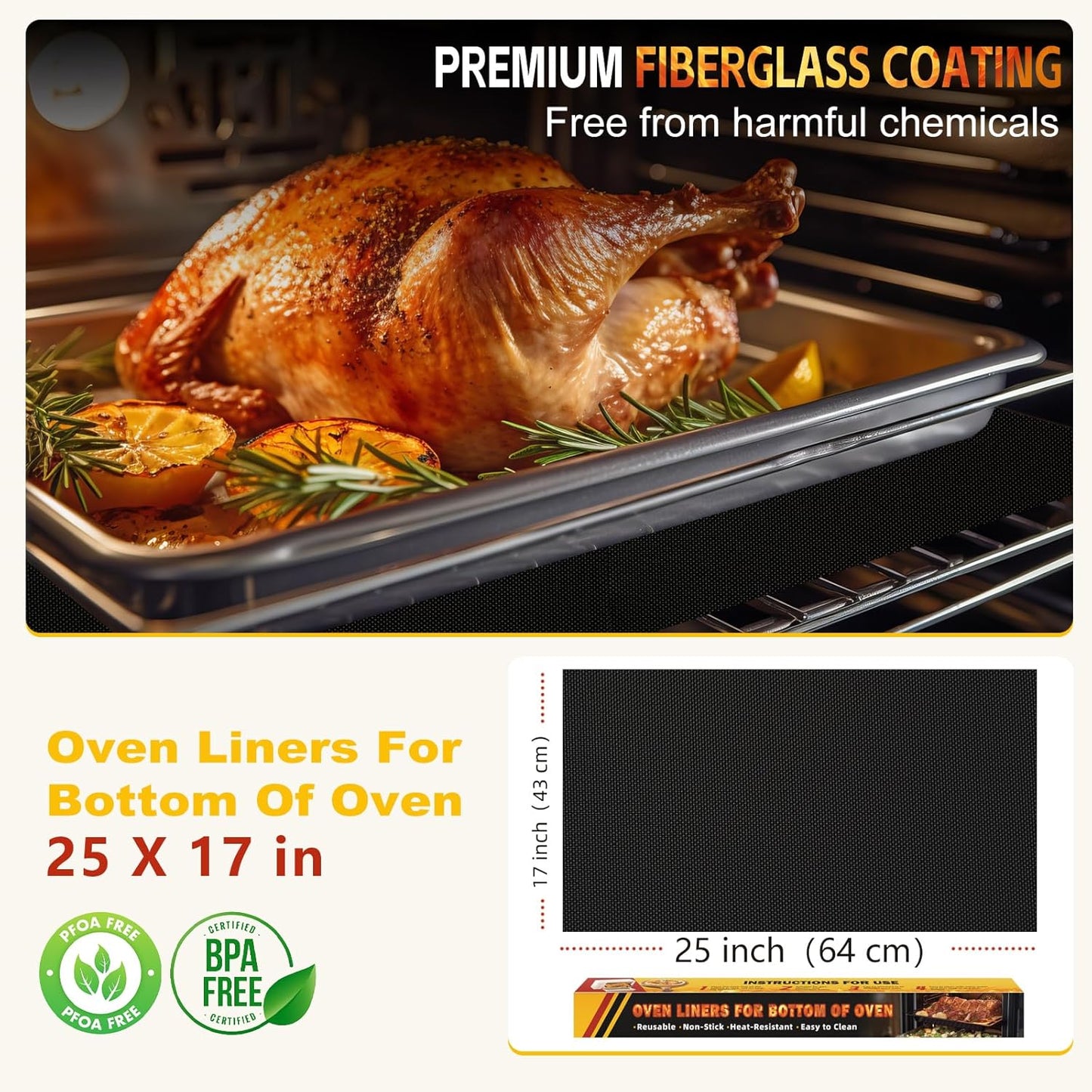 Skiennix Oven Liners - 2 Pack Heavy Duty Non-Stick Mats | 17"x25" Reusable & Heat Resistant, BPA/PFOA Free (Black)