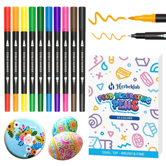 Edible Markers – 10Pcs Double-Sided Food Coloring Pens with Fine & Thick Tips for Cookie Decorating, Fondant, Desserts & Easter Eggs