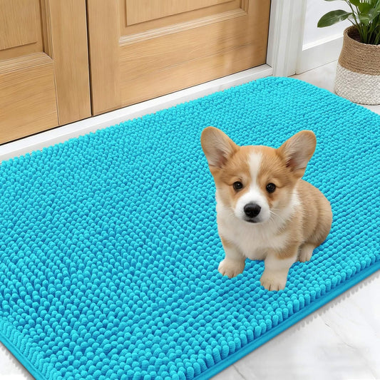 OLANLY Dog Door Mat - Absorbent Non-Slip Chenille Mat for Muddy Paws | 30x17 Inches, Aqua Blue
