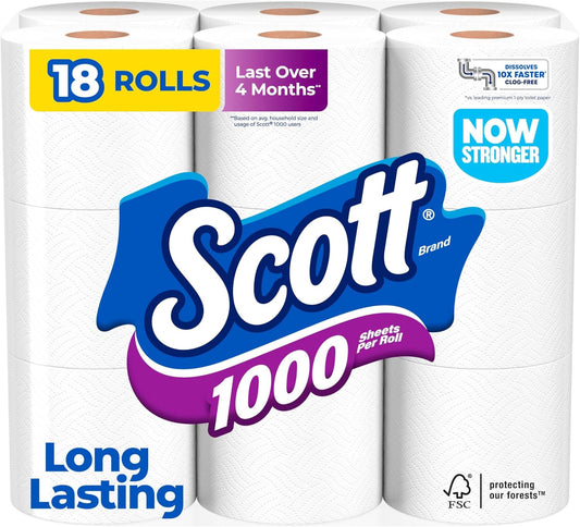 Scott 1000 Toilet Paper - Septic-Safe 1-Ply Tissue | 18 Rolls for Ultimate Cleanliness