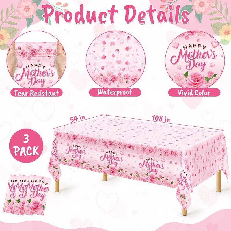 QZYL 3 Pack Mothers Day Table Cloths, 108" x 54" Mother's Day Decorations, Plastic Pink Disposable Table Decor with Roses Floral Flowers, Waterproof Rectangular Tablecloth for Best Mom Party Supplies