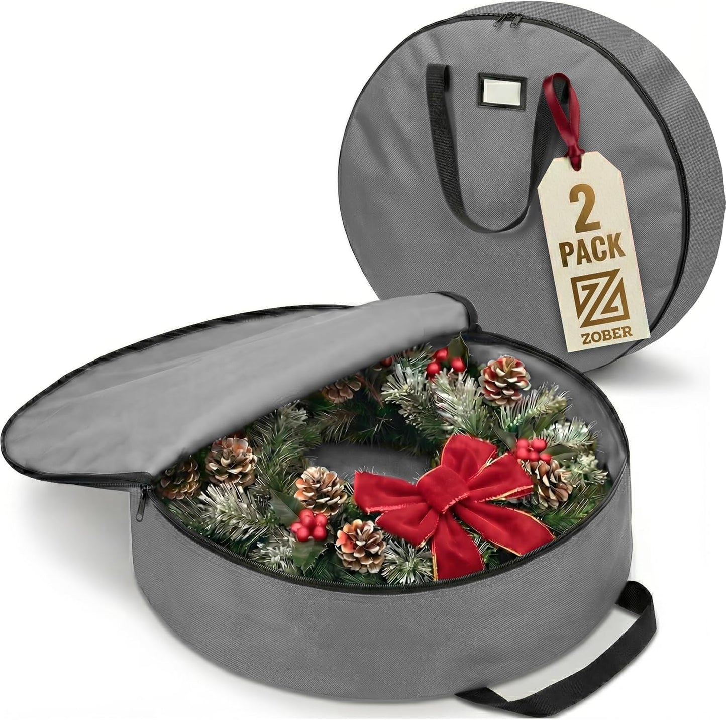 ZOBER Oxford Christmas Wreath Storage Bag - 30 Inch Waterproof Container with Dual Zippers & Durable Handles - Gray