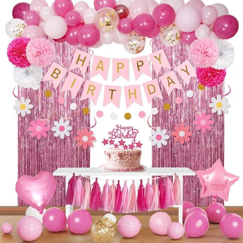 Happy Birthday Party Decorations Kit by Pink Red | Complete Set with Banner, Balloons, Pompoms & More