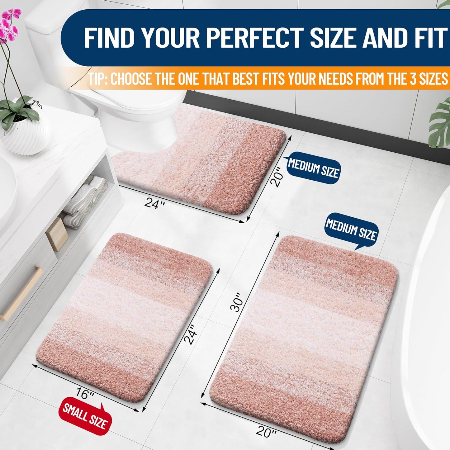 OLANLY Luxury U-Shaped Toilet Rugs - Extra Soft, Absorbent Microfiber Bath Mat, 24x20, Non-Slip, Peach