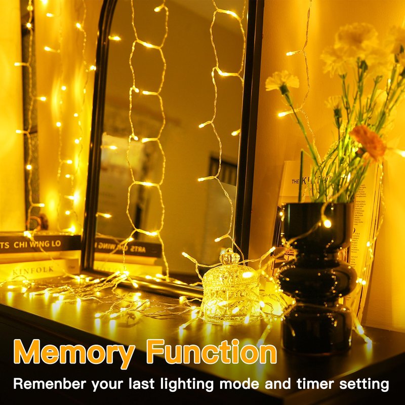 Ollny Curtain Lights 6.6x6.6ft, 200 LED String Lights with Remote 8 Modes Dimmable Timer, USB Power Fairy Light for Bedroom Backdrop Indoor Wall Window Christmas Decorations, Warm White