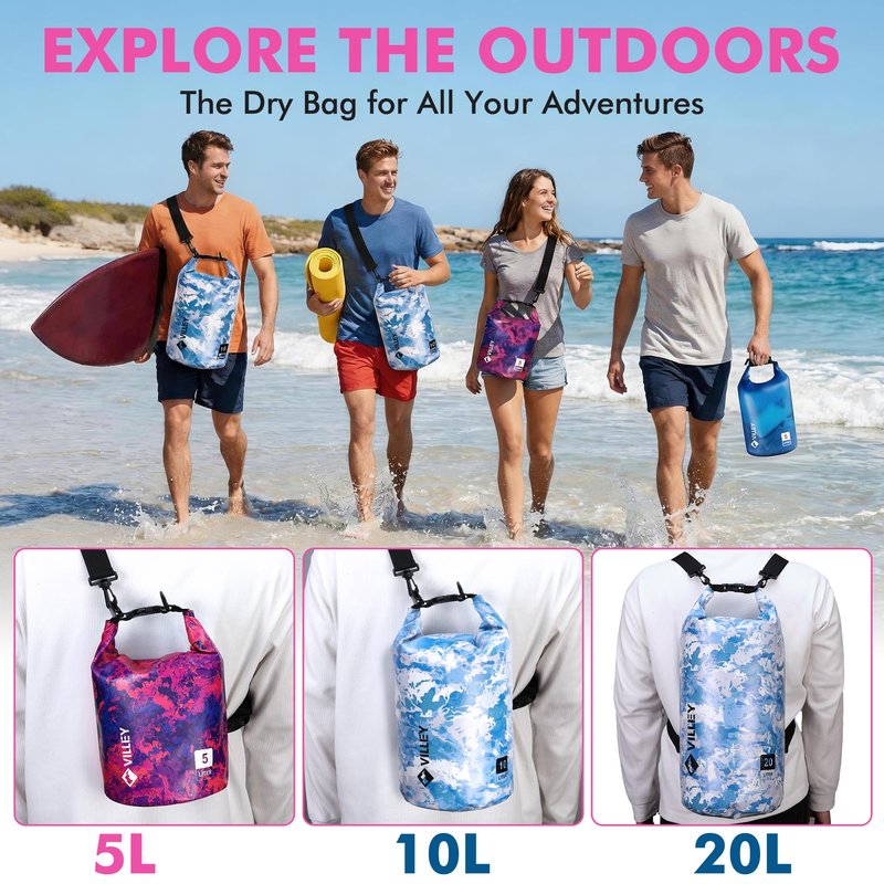 VILLEY Dry Bag Waterproof 5L Roll Top Storage Backpack, Keeps Gear Dry Lightweight Backpack for Kayaking Boating Camping Swimming and Beach Accessories Purple Camo