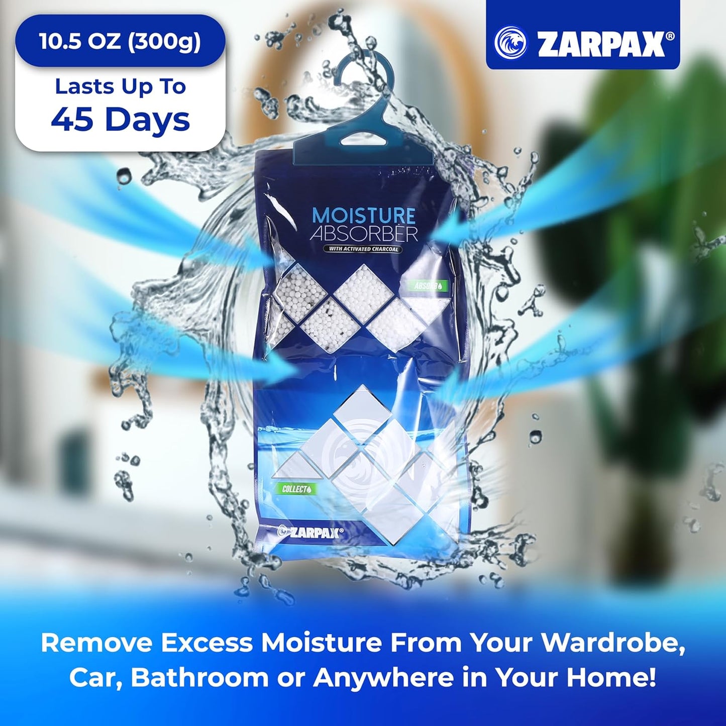 ZARPAX Activated Charcoal Moisture Absorber - 10.6 oz | Dehumidifier Bags for Bathroom, Closet & Kitchen | Eliminates Humidity & Odors | Set of 10