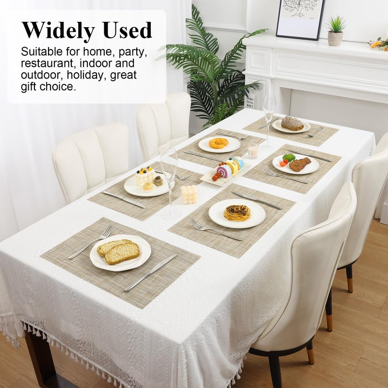 SHACOS Placemats Set of 6 Woven Vinyl Place Mats Wipeable Heat Resistant Stain Resistant Table Mats Indoor Outdoor, Beige