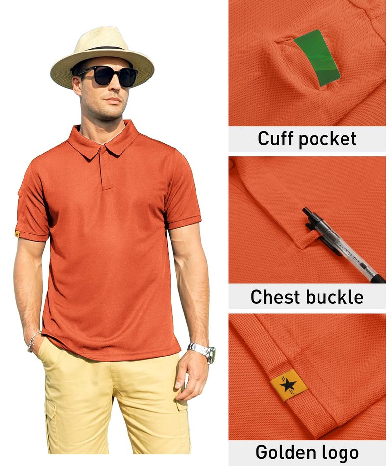 ZITY Mens Polo Shirt Short Sleeve Sports Tactical T-Shirt Athletic Golf Polos Daily Casual Stylish Collared Shirts for Men Orange Medium