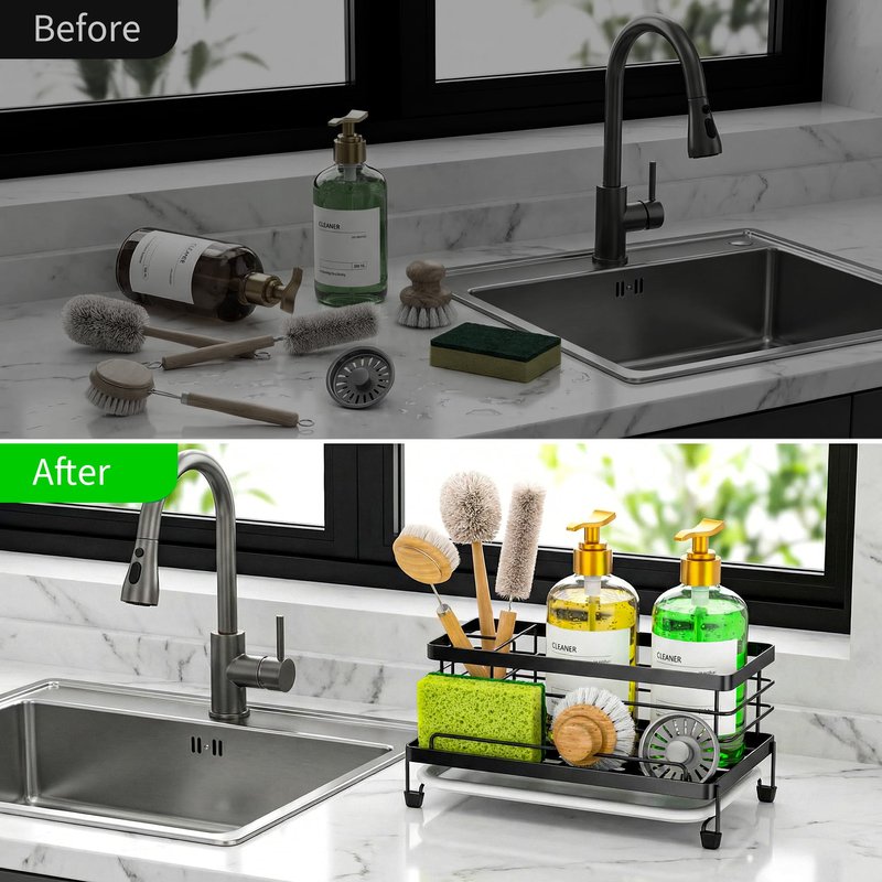Cisily Kitchen Sink Caddy, Gold, Unisex, 5.3 in Wide, 9.49 in Long, 4 Storage Spaces, Stain-Resistant Tray, Anti-Rust, Easy to Clean